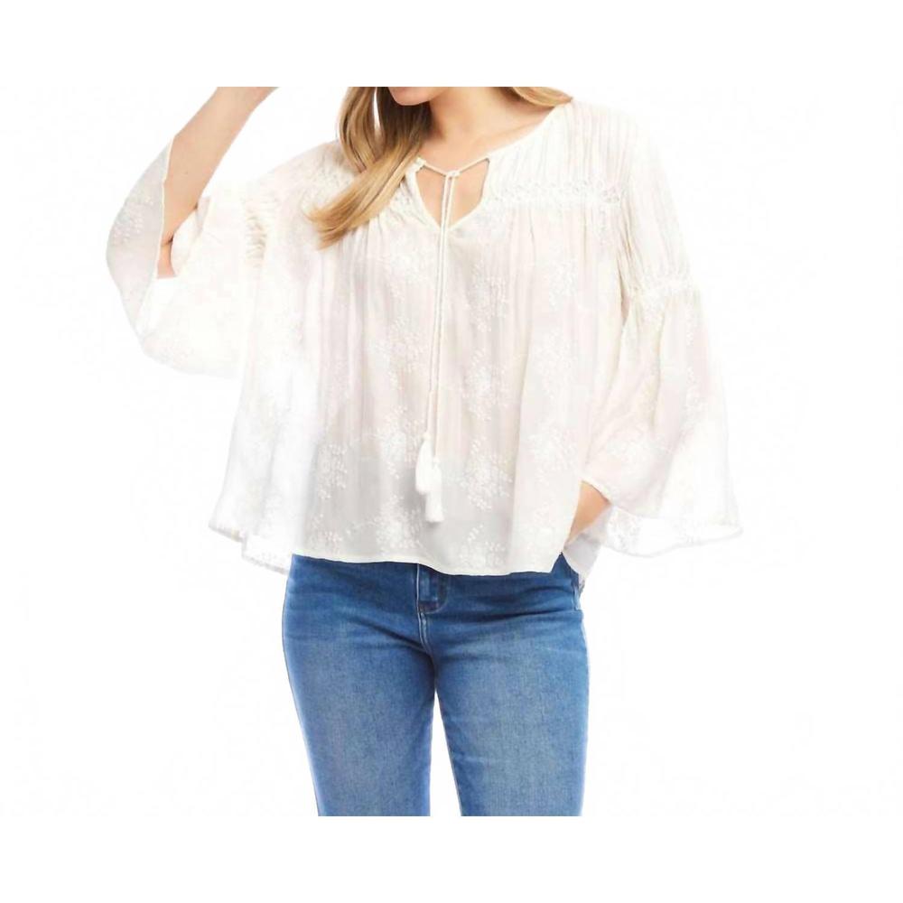 NEW KAREN KANE flare sleeve embroidered pintuck detail top in off white